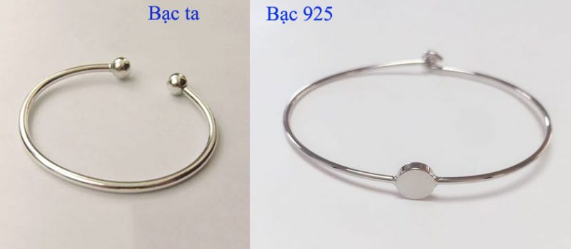 So sánh giữa bạc ta và bạc 925. Dễ dàng nhận thấy bạc ta có mức độ sáng trắng kém hơn bạc ta và chỉ thường được làm những mẫu trang sức dạng trơn
